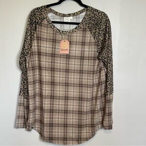 Grace Emma Long Sleeve Top Size Medium Leopard Print Plaid Brown Black New